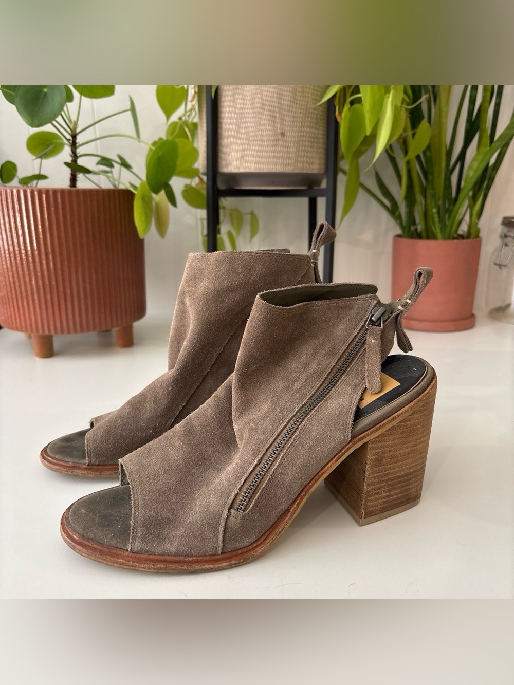 Dolce Vida - Women's Taupe Suede Open-Toe Block Heel Booties - Size 8